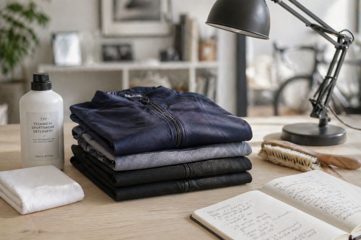Pile of folded technical cycling jerseys on a wooden workbench, with technical sportswear detergent, a soft brush and a notepad alongside, ready for inspection under a desk lamp.