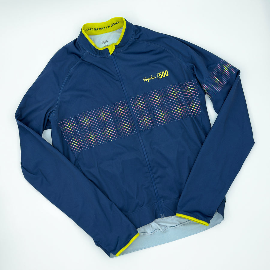 Rapha Men's Festive 500 Long Sleeve Core Jersey in navy, size Large, laid flat