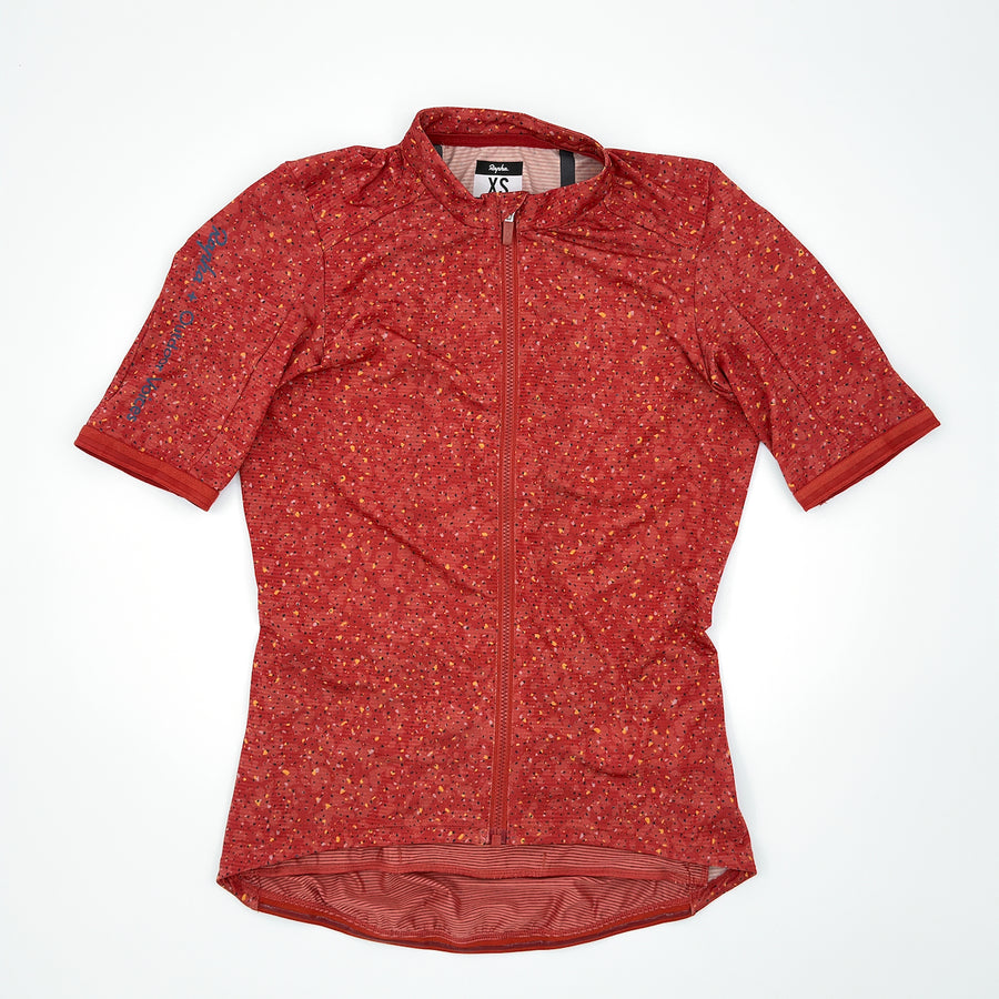 Rapha + Outdoor Voices Women's Jersey in terracotta terrazzo print, angled front view (alternate view)