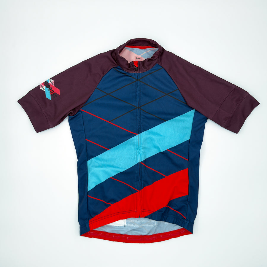 Rapha Men's Supercross Jersey in navy, angled front view with plum raglan sleeves (alternate view)