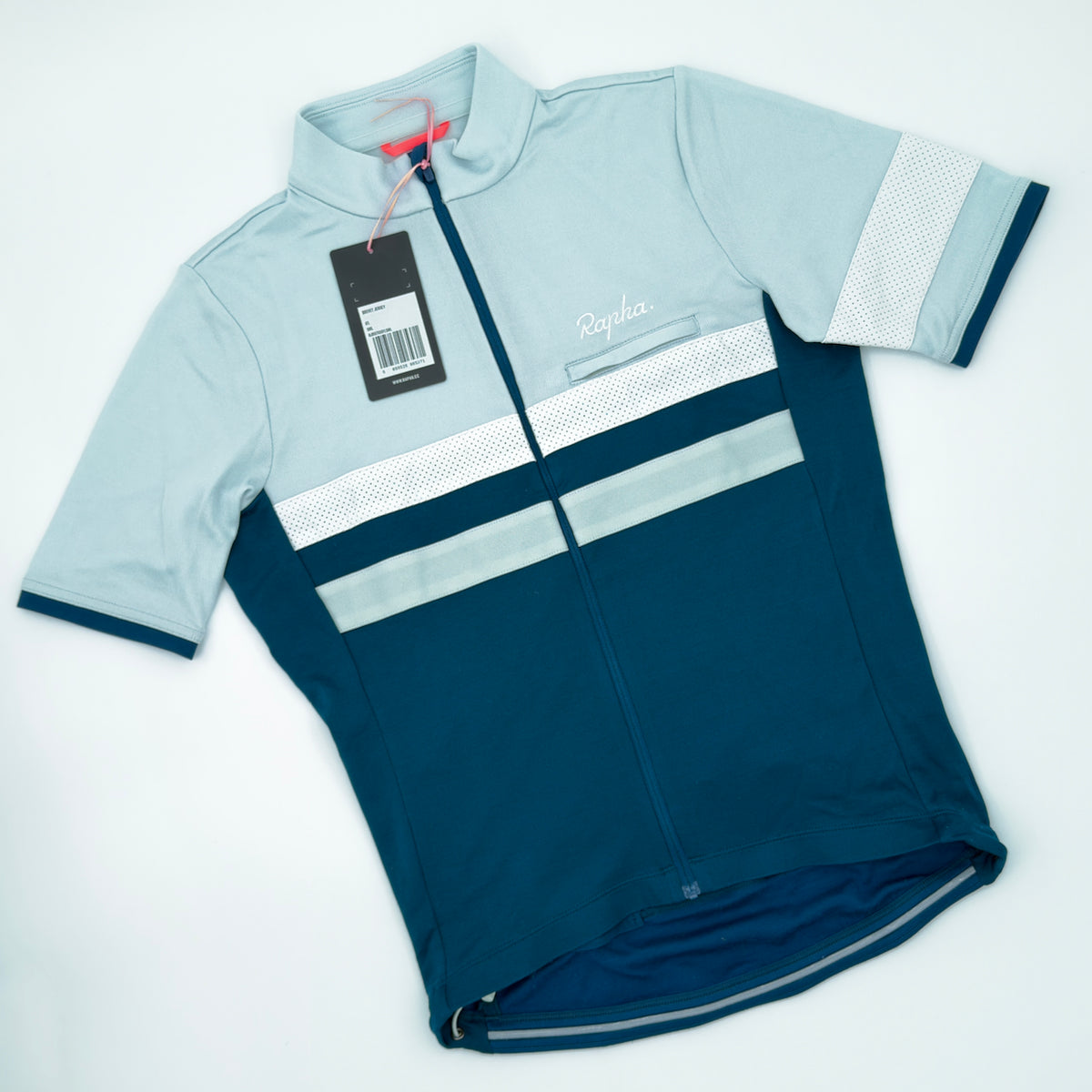 Rapha Men's Brevet Jersey II angled front view with swing tag attached