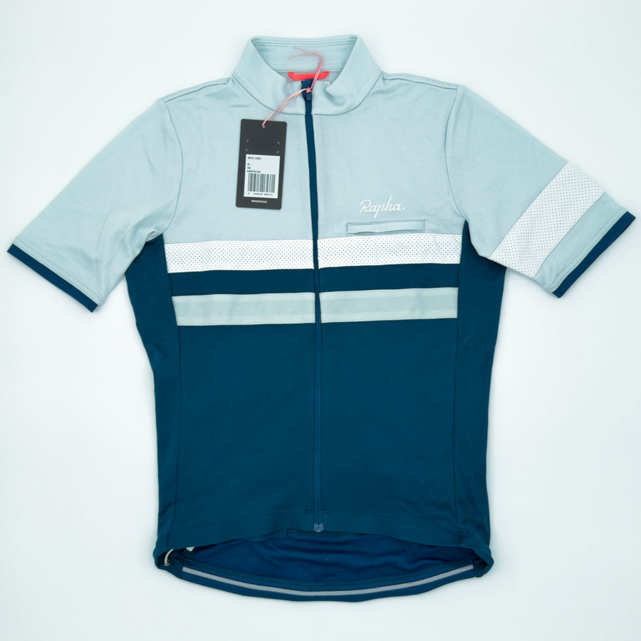 Rapha Men's Brevet Jersey II angled front view with swing tag attached (alternate view)