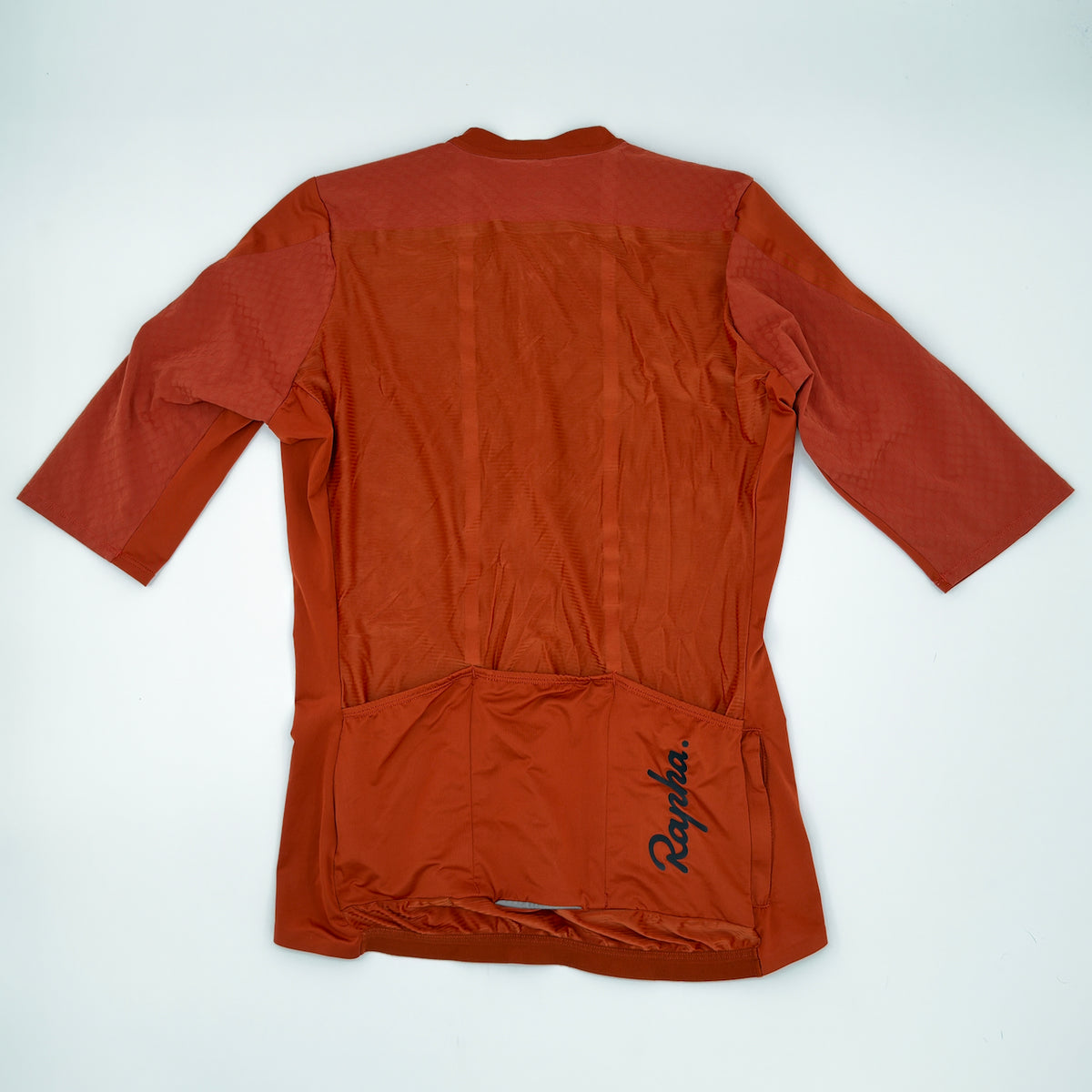 Rapha Souplesse Aero Jersey rear view showing textured aero back panel, three pockets and tonal Rapha script
