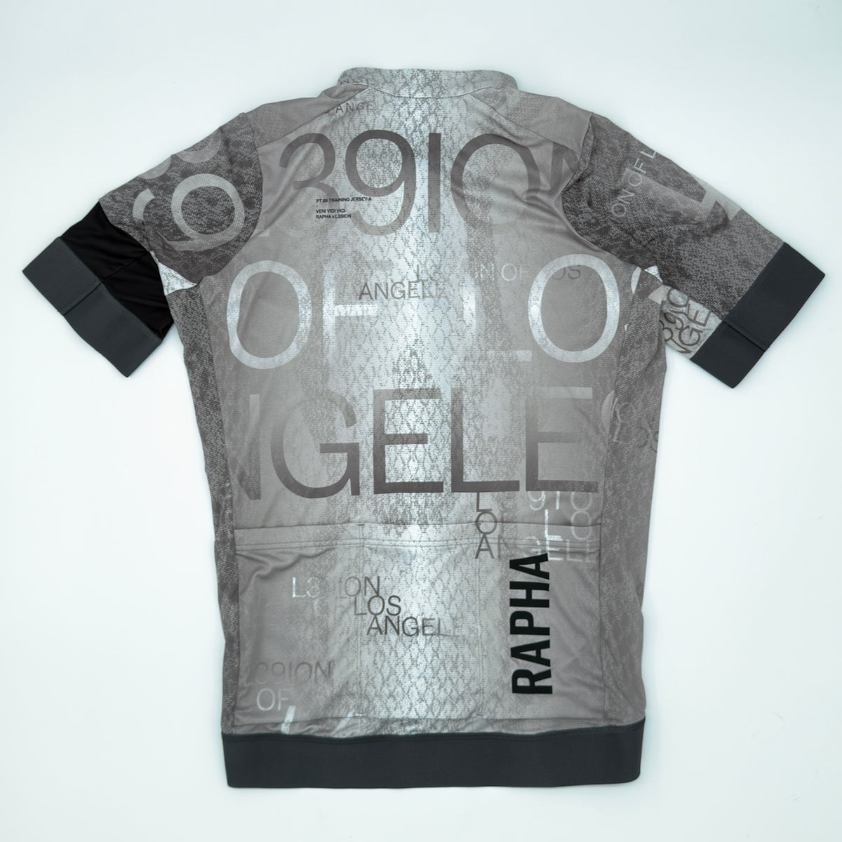 Rapha L39ION of Los Angeles Pro Team Training Jersey rear view showing three pockets and RAPHA hem print
