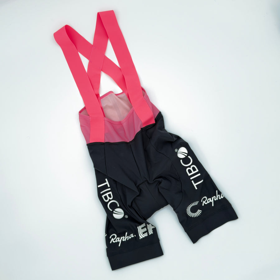 Rapha EF Education-TIBCO-SVB women's bib shorts front showing coral straps and TIBCO leg print