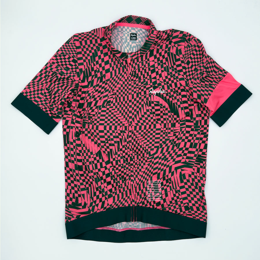 EF Education Pro Team Training Jersey angled front showing glitched checkerboard print and pink cuffs (alternate view)