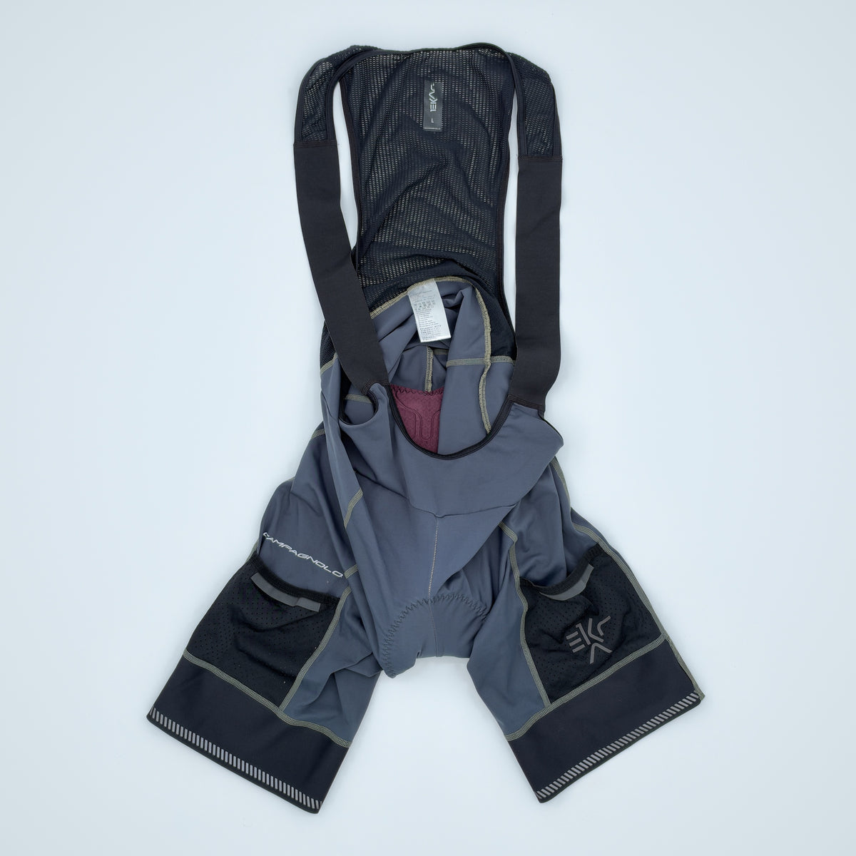Campagnolo Ekar bib shorts flat front view in grey and black