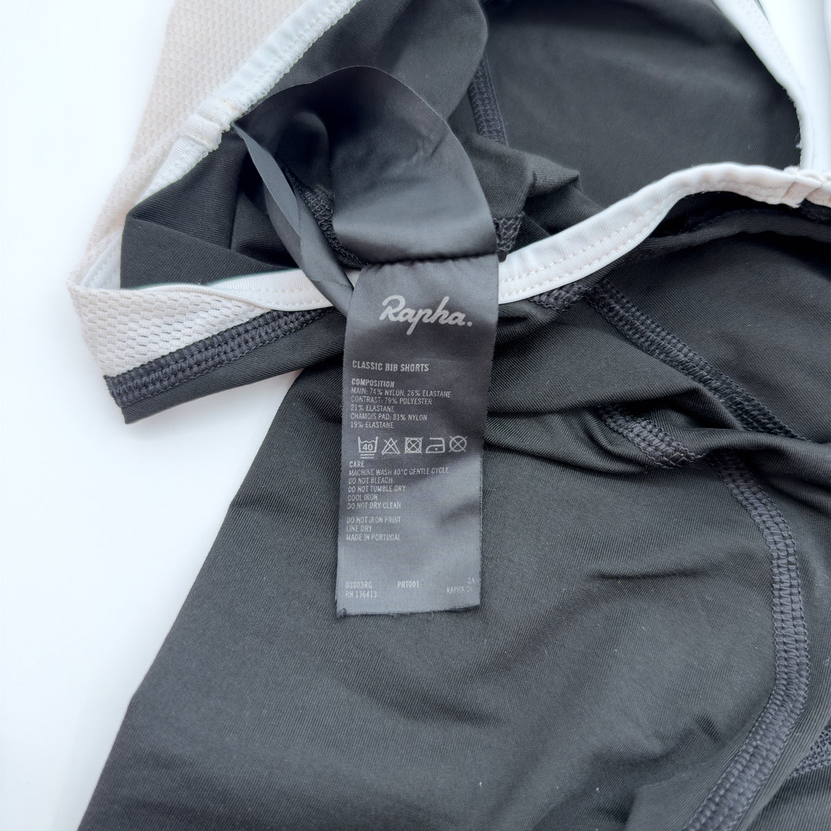 Rapha care label, Classic Bib Shorts, made in Portugal