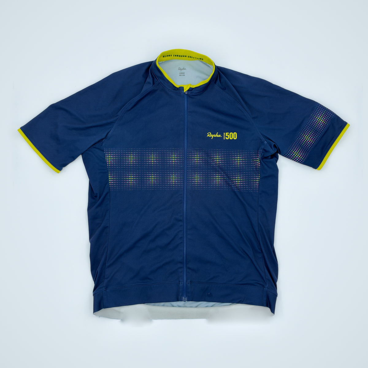 Rapha Core Jersey flat front view in navy with yellow trims