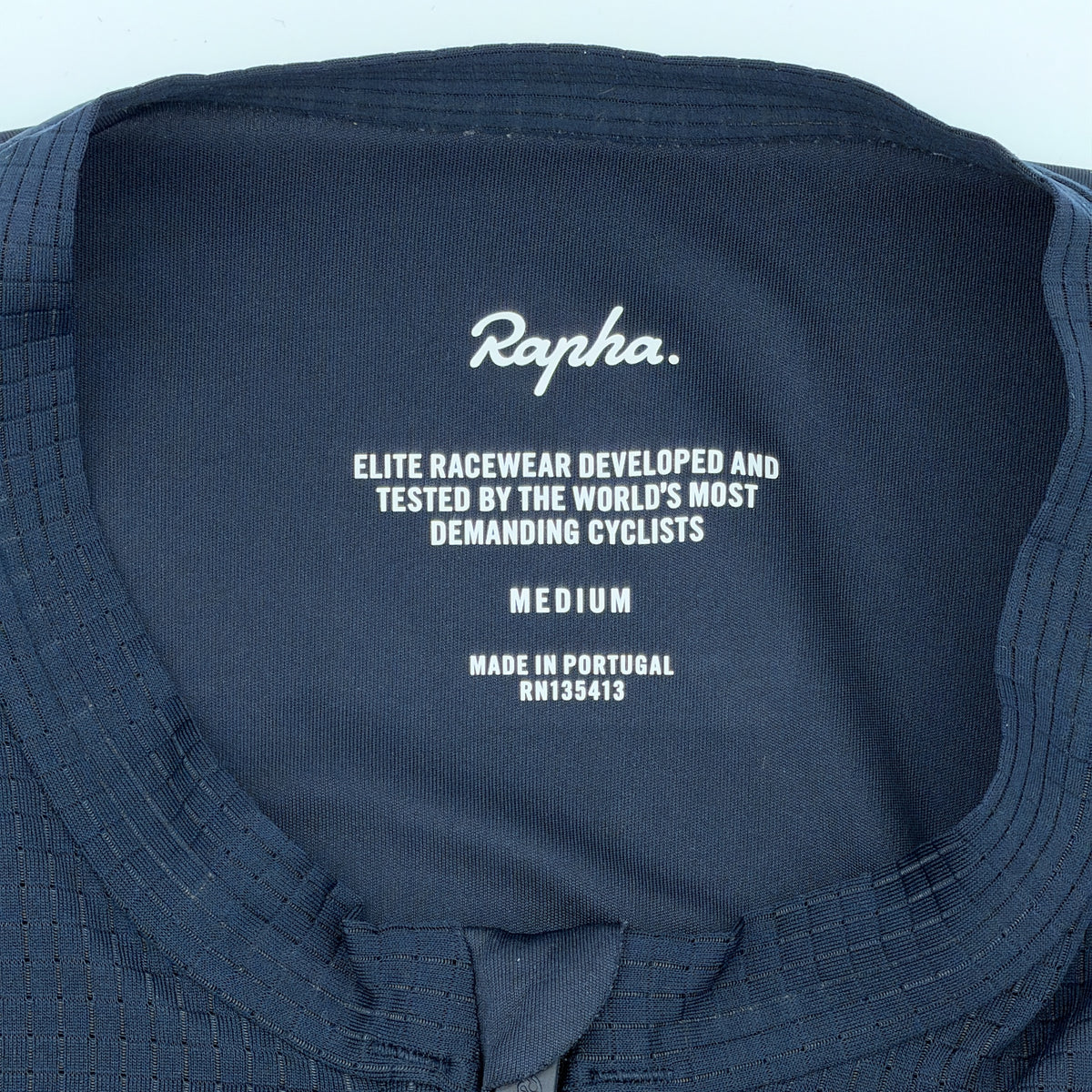 Rapha neck print showing Medium, made in Portugal
