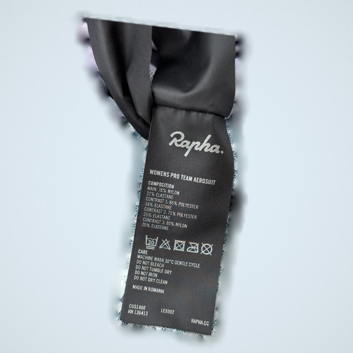 Rapha care label, Women's Pro Team Aerosuit, made in Romania